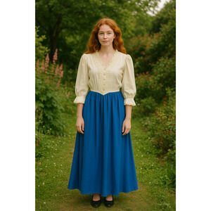 1960s Vintage Puff Sleeves Blue White Maxi Dress Sleeves